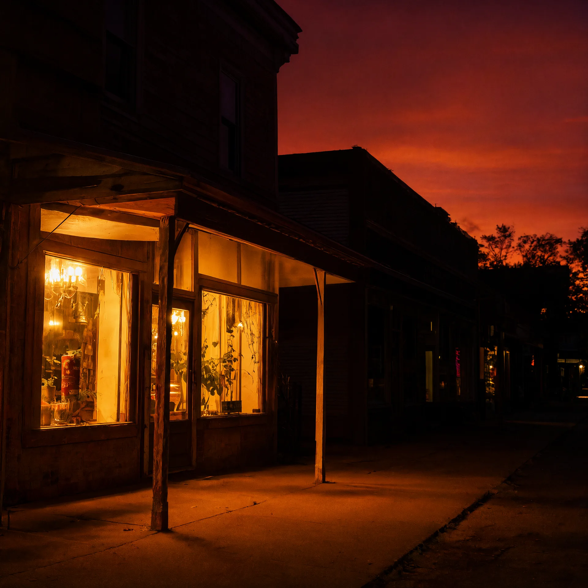 A main street storefront glowing warm at dusk